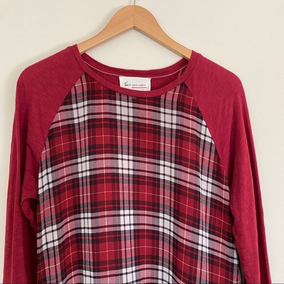 Two By Vince Camuto blouse semi sheer red plaid crew side zip holiday size M - Picture 4 of 10